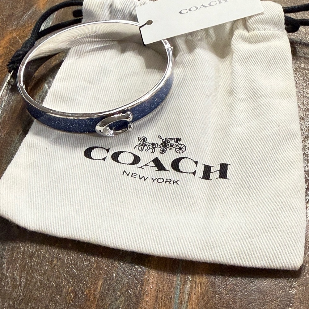 Coach Hinged Blue Glitter Enamel Bangle Bracelet Silver Tone NWT
